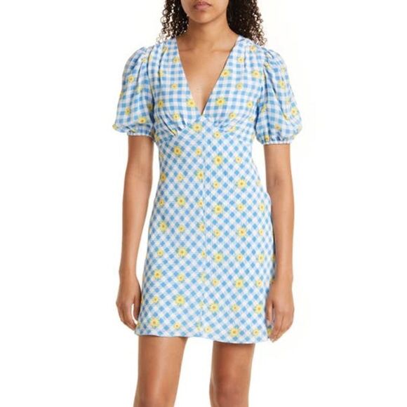 Staud Milla Blue Gingham Daisy Floral Print V-Neck Puff Sleeve Mini 12 NWT $218 - Picture 2 of 5